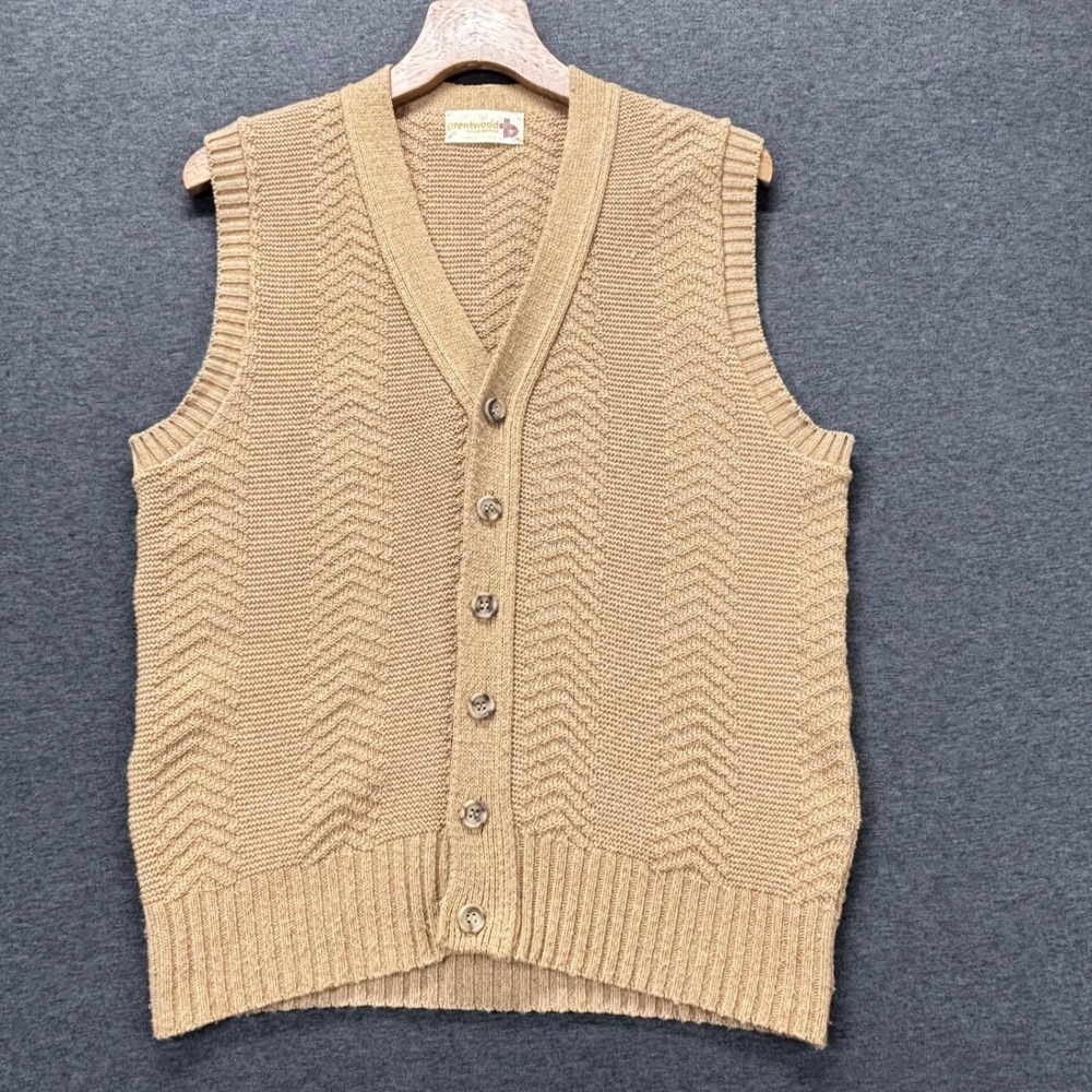 Brentwood Sportswear Sweater Vest Mens L Tan‎ Knit Button V-Neck Vintage USA